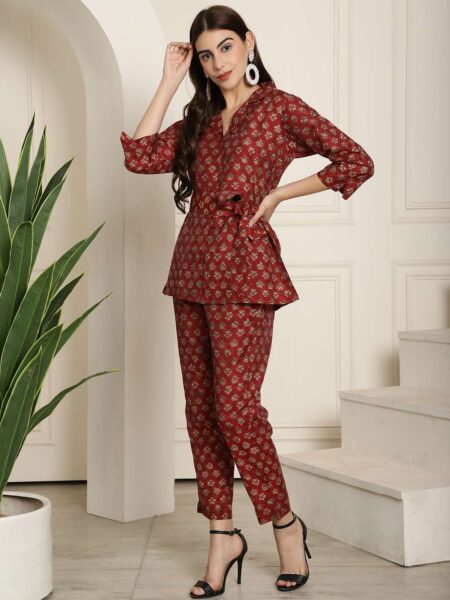 Women's Pure Cotton Printed Collared Top and Pant Co-ord Set (Maroon)