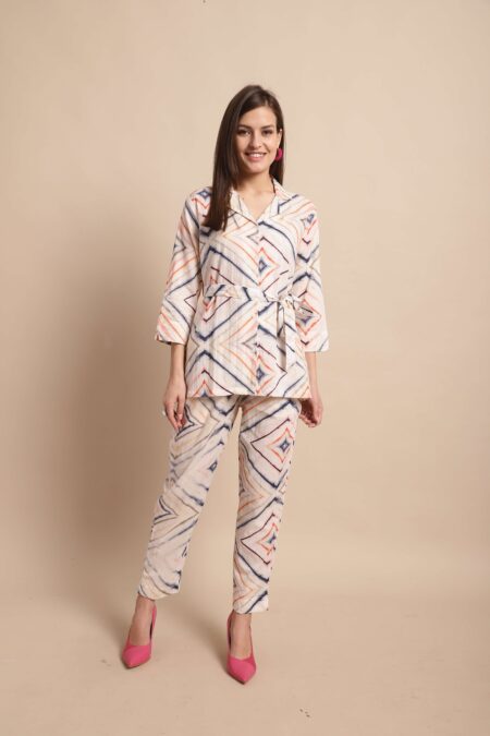 Women's Pure Cotton Printed Collared Top and Pant Co-ord Set (White)