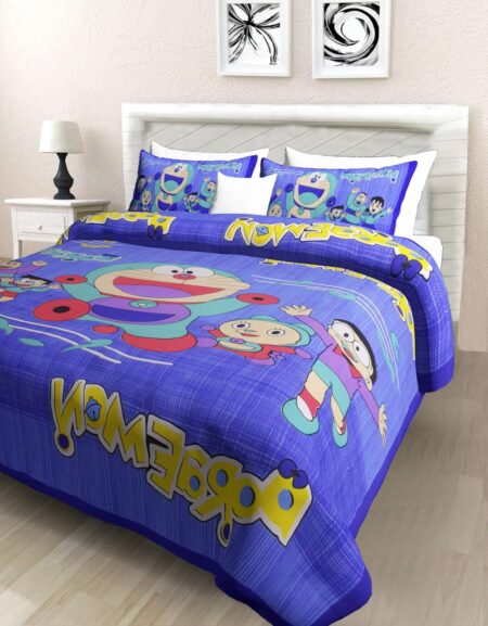 Doraemon Printed Cotton Double Bed Bedsheet With 2 Pillow Covers For Kids