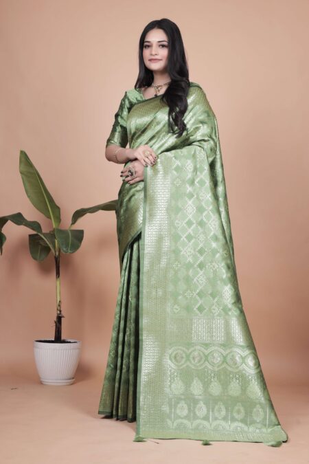 Light Green Banarasi Silk Saree with Golden Zari | Wedding, Festive & Traditional Wear | Elegant Designer Saree