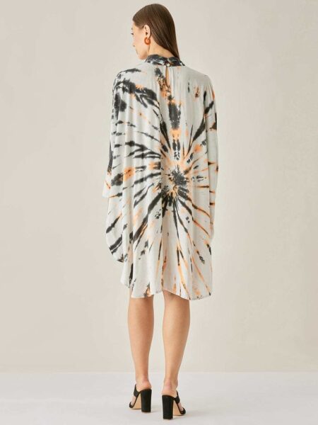 Women's Cotton Tie Dye Print Knee Length Mock Neck, Long Sleeve Kaftan Drees ( Black White )