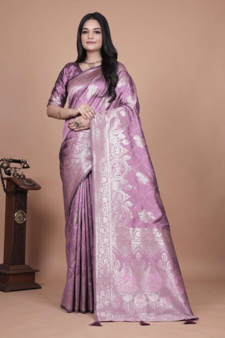 Lavender Banarasi Silk Saree with Silver Zari | Floral & Paisley Motifs | Wedding, Festive & Traditional Wear