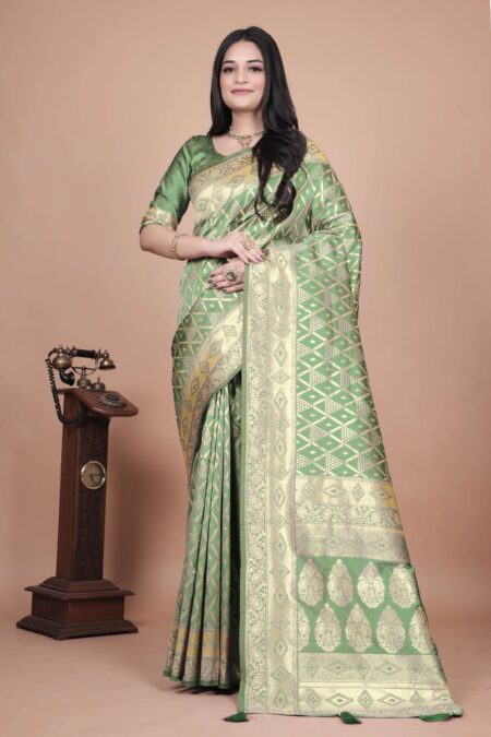 Emerald Green Banarasi Silk Saree with Silver Zari | Geometric & Floral Design | Wedding, Festive & Traditional Wear