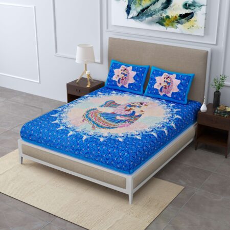 Blue-Colored 100% Cotton Jaipuri Traditional Double Bedsheet With Two Pillow Covers. 