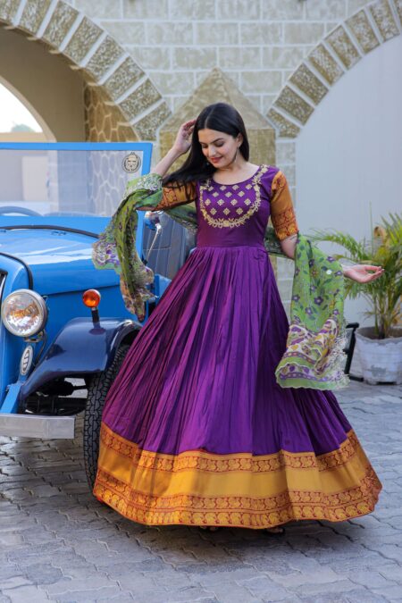 Green Premium Silk Designer Gown with Jequard Weaving & Embroidered Dupatta ? Ready-to-Wear Set