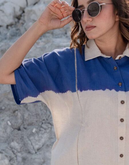 Women's Cotton Dip-Dye Pattern Two-Piece Lounge Set Tunic with Wide-Leg Pants, Resort Wear (  Navy Blue Beige )