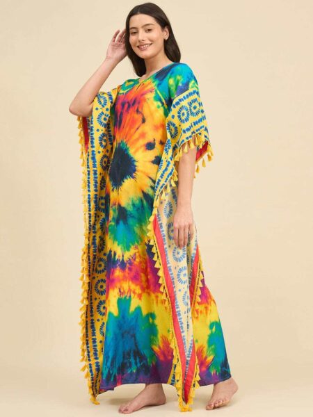 Women's Cotton Tie Dye Print Flowing Bell Sleeves Full Length Kaftan Drees Casual Beach Wear ( Multicolor )