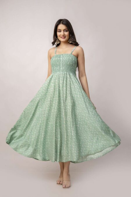 Women's Silk Printed Shoulder Straps Sleeveless Anarkali Gown Drees (GREEN-SUI)