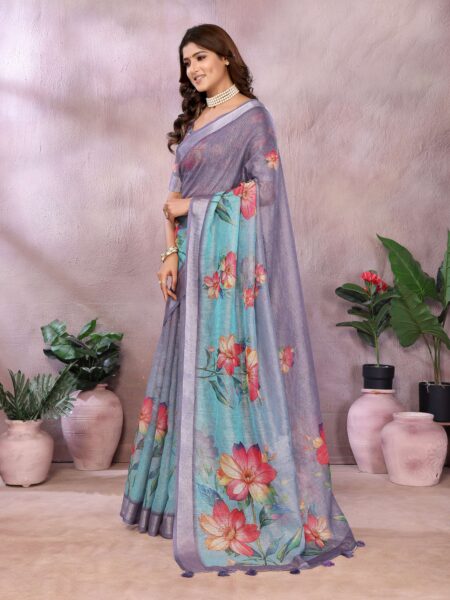 Aqua Blue Floral Printed Linen Shimmer Saree with Lavender Border
