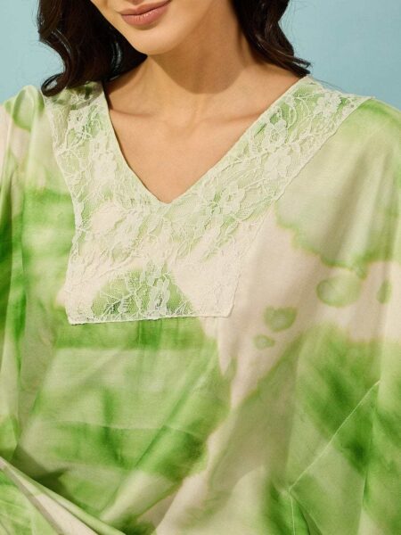 Women's Cotton Tie Dye Print Flowing Bell Sleeves Full Length Kaftan Drees Casual Beach Wear ( Green )