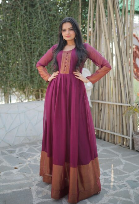 Wine Elegant Chiffon Designer Gown with Golden Zari Patta ? Premium Ready-to-Wear Dress