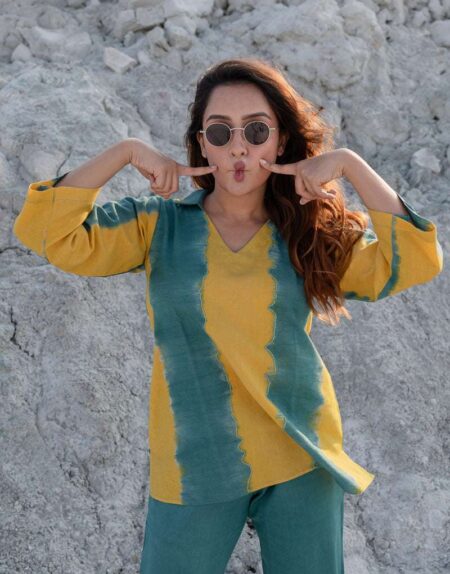 Women's Cotton Tie Dye Print Two-Piece Lounge Set Tunic with Wide-Leg Pants, Resort Wear ( Teal and Yellow2 )