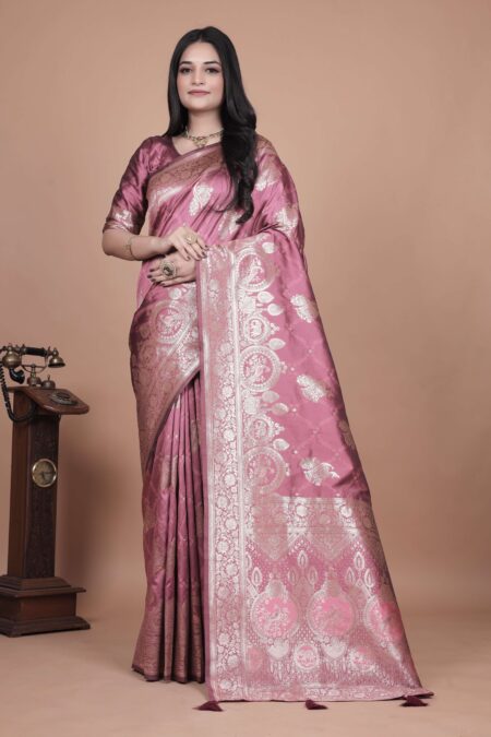 Rose Pink Banarasi Silk Saree with Silver Zari | Floral & Paisley Motifs | Wedding, Festive & Traditional Wear