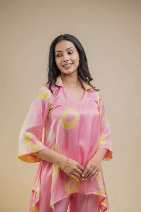 Women's Cotton Tie Dye Print Two-Piece Lounge Set Button-Down Tunic with Palazzo Pants Resort Wear ( Pink )