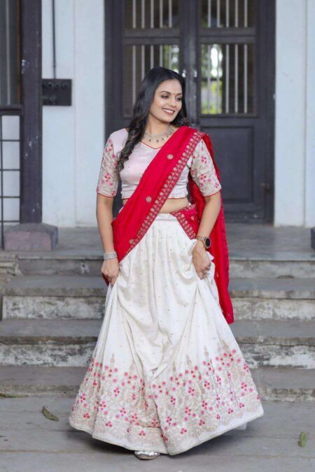 White Vichitra Silk Lehenga Choli with Red Blouse | Sequins & Thread Embroidery | Bridesmaid & Wedding Wear