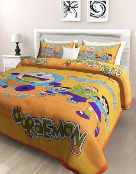 Doraemon Printed Cotton Double Bed Bedsheet With 2 Pillow Covers For Kids