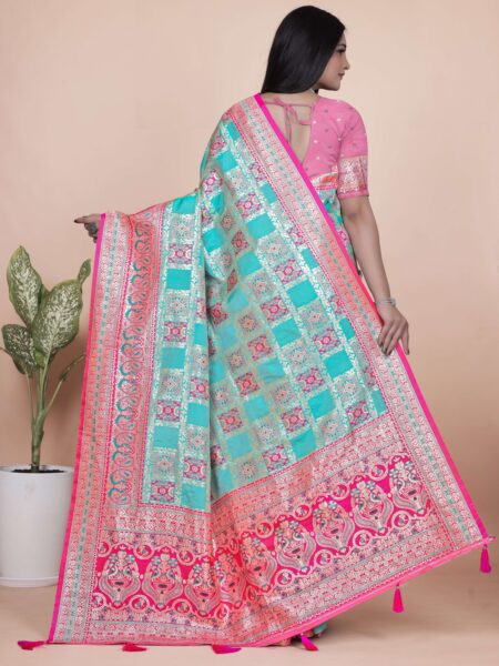 Aqua Blue & Pink Banarasi Silk Saree with Silver Zari | Festive & Wedding Wear Saree | Elegant Banarasi Saree with Contrast Pallu