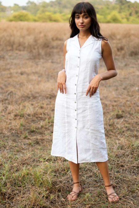 Women's Cotton Solid Oversized Fit Spread Collar Sleeveless Dresses ( White )