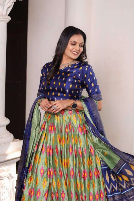 Olive Green Dola Silk Lehenga Choli with Blue Blouse | Patola Print & Foil Work | Wedding & Festive Wear