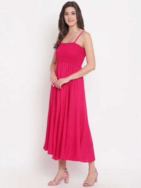 Women's Viscose Rayon Solid Shoulder Straps Sleeveless Flared Gown Drees (Pink)