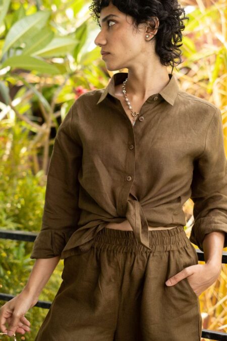 Women's Cotton Solid Pain Straight Shirt With Wide Leg Palazzo Pant Casual Summer Collection Cord Set( Brown )