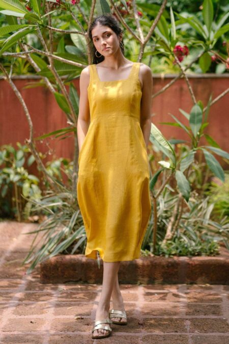 Women's Cotton Solid Pain Sleeveless Midi Dress Stylish Western One Piece Casual Empire Dress  ( Mustard )