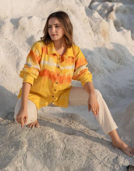 Women's Cotton Tie-Dye Print Straight Shirt With Wide Leg Palazzo Pant Casual Summer Collection Cord Set ( Yellow Beige )