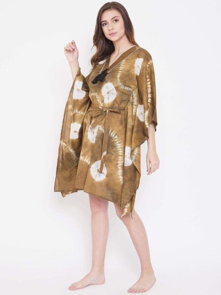 Women's Cotton Tie Dye Print Knee Length Kaftan Drees Beach Cover Up, Spring Casual Wear ( Brown )