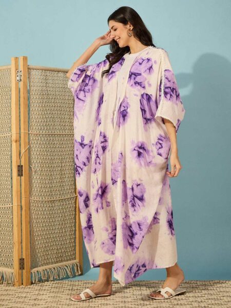 Women's Cotton Tie Dye Print Full Length Kaftan Drees Beach Cover Up, Spring Casual Wear ( Brown )