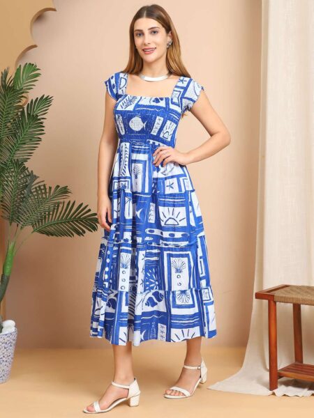 Women's Viscos Rayon Printed Off Shoulder Midi Dress For Summer And Casual Wear (Blue White)