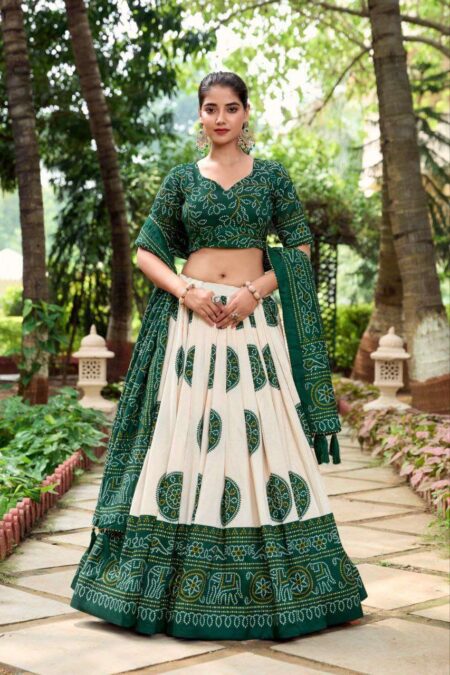 White Dola Silk Lehenga Choli with Forest Green Blouse | Bandhej & Patola Print | Wedding & Festive Wear