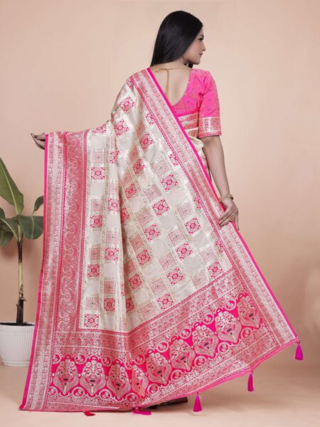 Cream & Pink Banarasi Silk Saree with Silver Zari | Wedding, Party & Traditional Wear | Elegant Banarasi Saree with Contrast Pallu