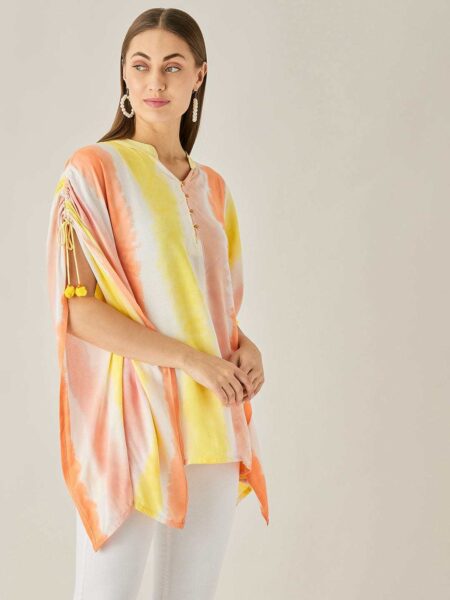 Women's Cotton Tie Dye Print Knee Length Mock Neck, Long Sleeve Kaftan Drees ( Multicolor )