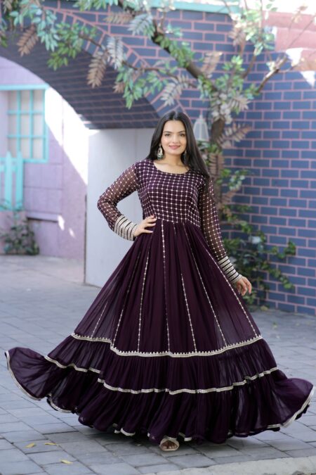 Wine Faux Blooming Designer Gown with Sequins & Zari Embroidery ? Premium Ready-to-Wear Collection