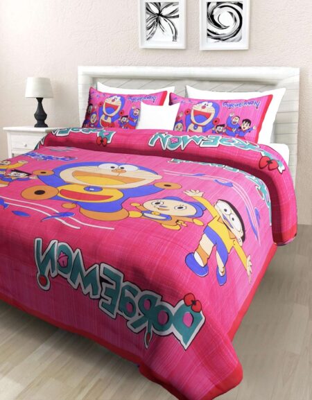 Doraemon Printed Cotton Double Bed Bedsheet With 2 Pillow Covers For Kids