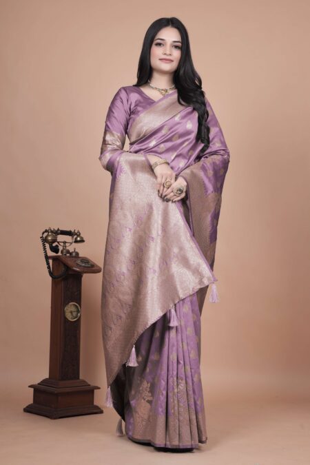 Lavender Banarasi Silk Saree with Golden Zari & Peacock Motifs | Wedding, Festive & Traditional Designer Saree