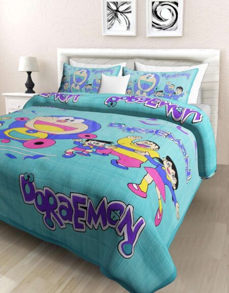 Doraemon Printed Cotton Double Bed Bedsheet With 2 Pillow Covers For Kids