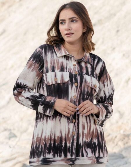 Women's Cotton Tie-Dye Print Straight Shirt With Pant Casual Summer Collection Cord Set ( Multi2 )