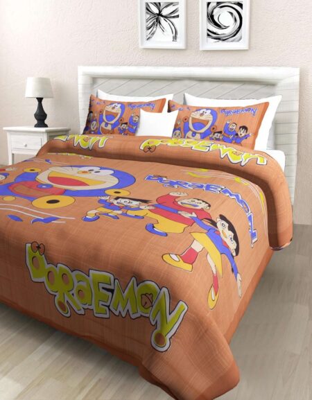 Doraemon Printed Cotton Double Bed Bedsheet With 2 Pillow Covers For Kids