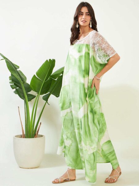 Women's Cotton Tie Dye Print Lace Trim, V-Neck, Full Length, Beach Casual Wear, Spring Collection Kaftan ( Green White )