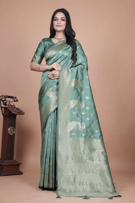 Mint Green Banarasi Silk Saree with Golden Zari & Peacock Design | Wedding, Festive & Traditional Wear | Designer Saree