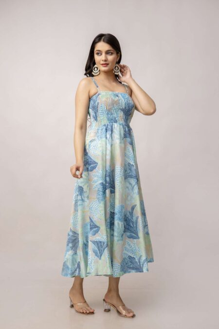 Women's Silk Printed Shoulder Straps Sleeveless Anarkali Gown Drees (Sky Blue)