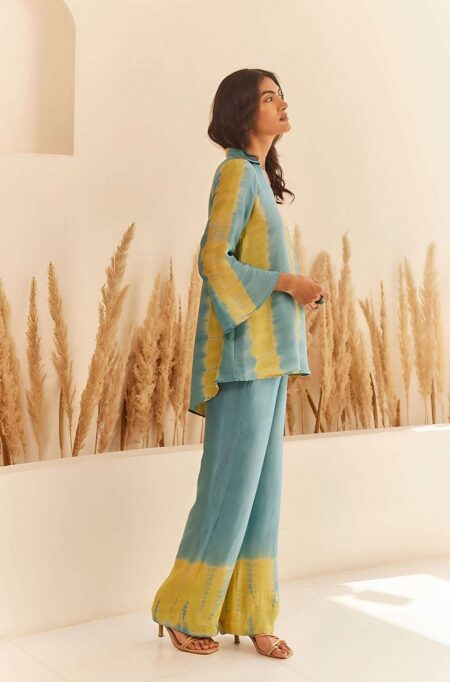 Women's Cotton Tie Dye Print Two-Piece Lounge Set Tunic with Wide-Leg Pants, Resort Wear ( Teal and Yellow )