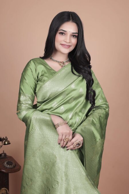 Lime Green Banarasi Silk Saree with Golden Zari & Peacock Motifs | Wedding, Festive & Traditional Wear | Designer Saree