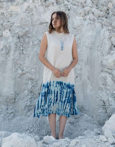 Women's Cotton Tie-Dye Print Loose Short Sleeveless Tunic Dress ( Aasmani )