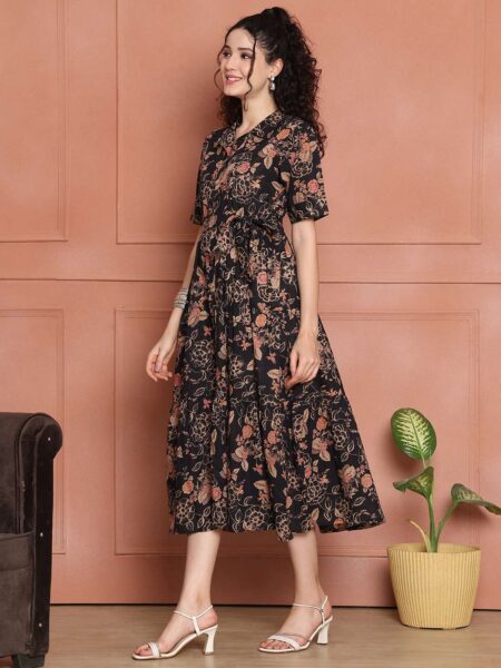 Women's Cotton Floral Print A-Line Midi Dress | Short Sleeve Flared Gown Dress