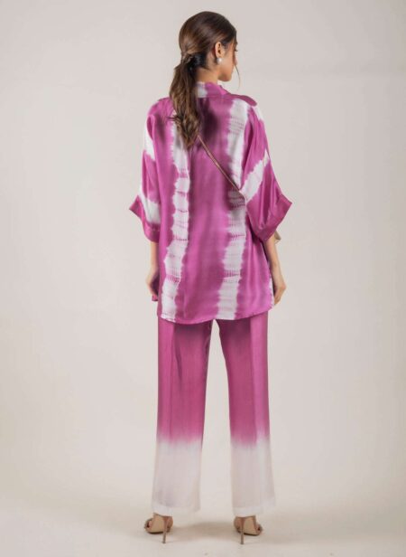Women's Cotton Tie Dye Print Two-Piece Lounge Set Tunic with Wide-Leg Pants, Resort Wear ( Purple White )