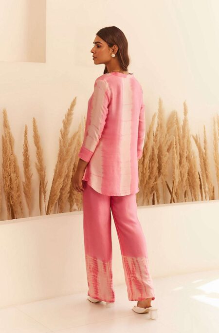 Women's Cotton Tie Dye Print Two-Piece Lounge Set Tunic with Wide-Leg Pants, Resort Wear ( Pink )