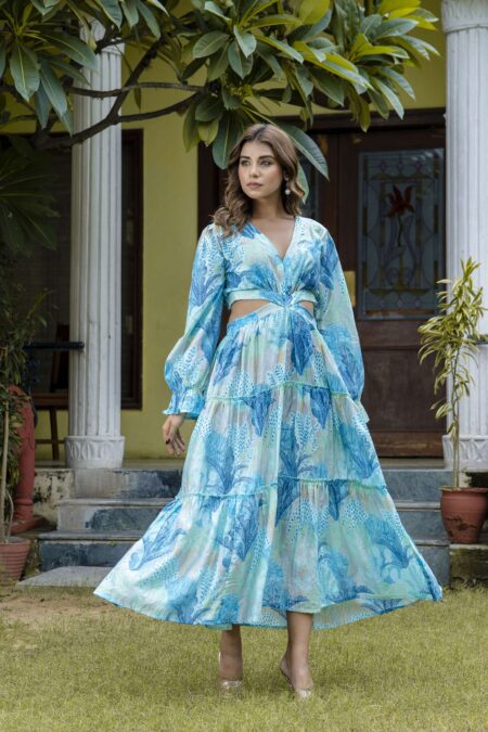 Women's Silk Printed V-Neck Long Bell Sleeves Tiered Maxi Dress Gown