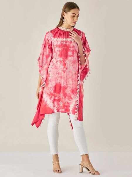Women's Cotton Tie Dye Print Knee Length Mock Neck, Long Sleeve Kaftan Drees ( Red )